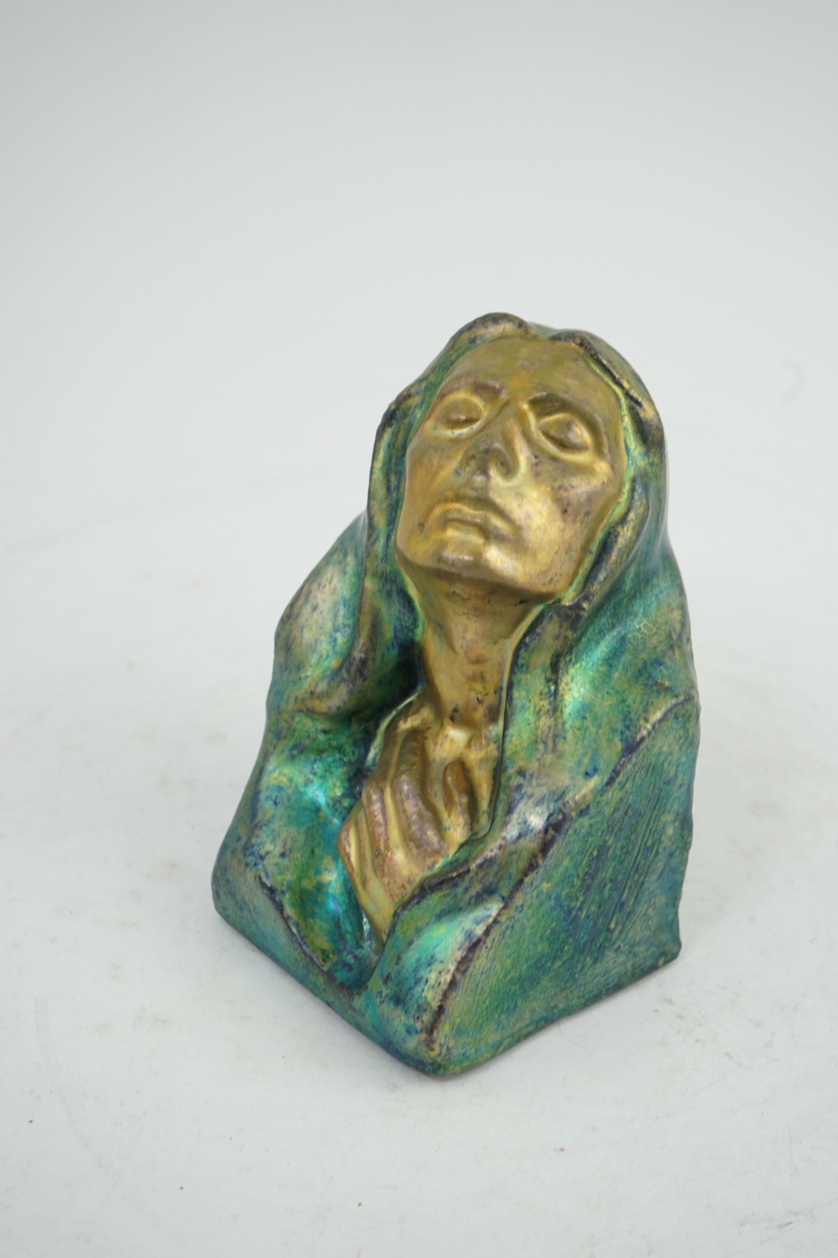 A rare Zsolnay eosin lustre bust of Madonna, modelled by Julia Laszlo Zsolnay, c.1910